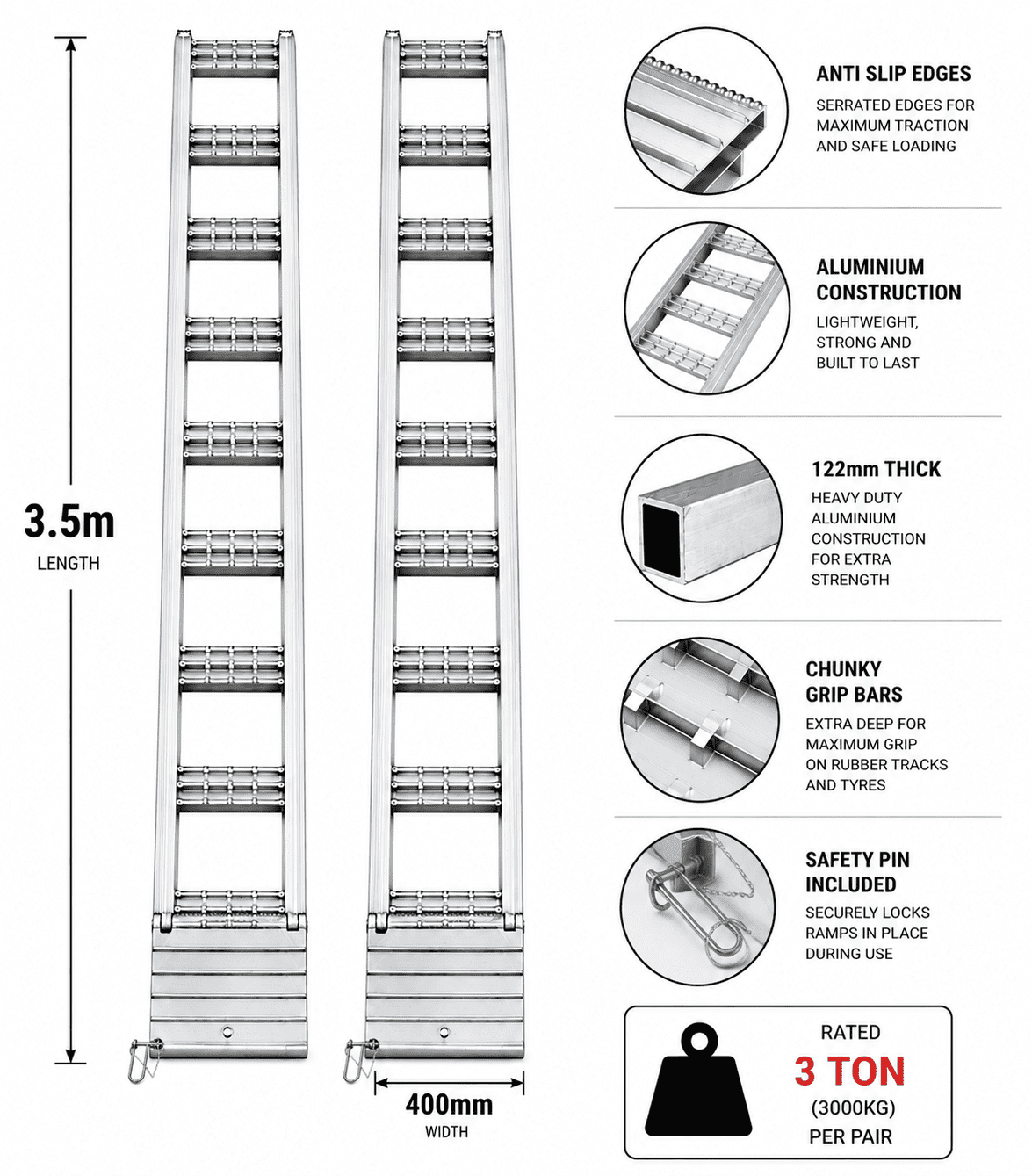 3.0T Rated 3.5m Aluminium Loading Ramps - Serrated Heavy Duty Design