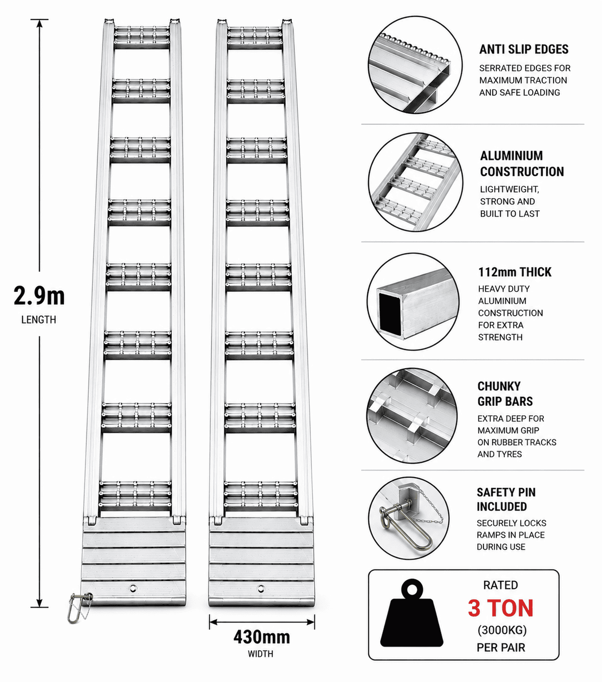 3.0T Rated 2.9m Aluminium Loading Ramps - Serrated Heavy Duty Design